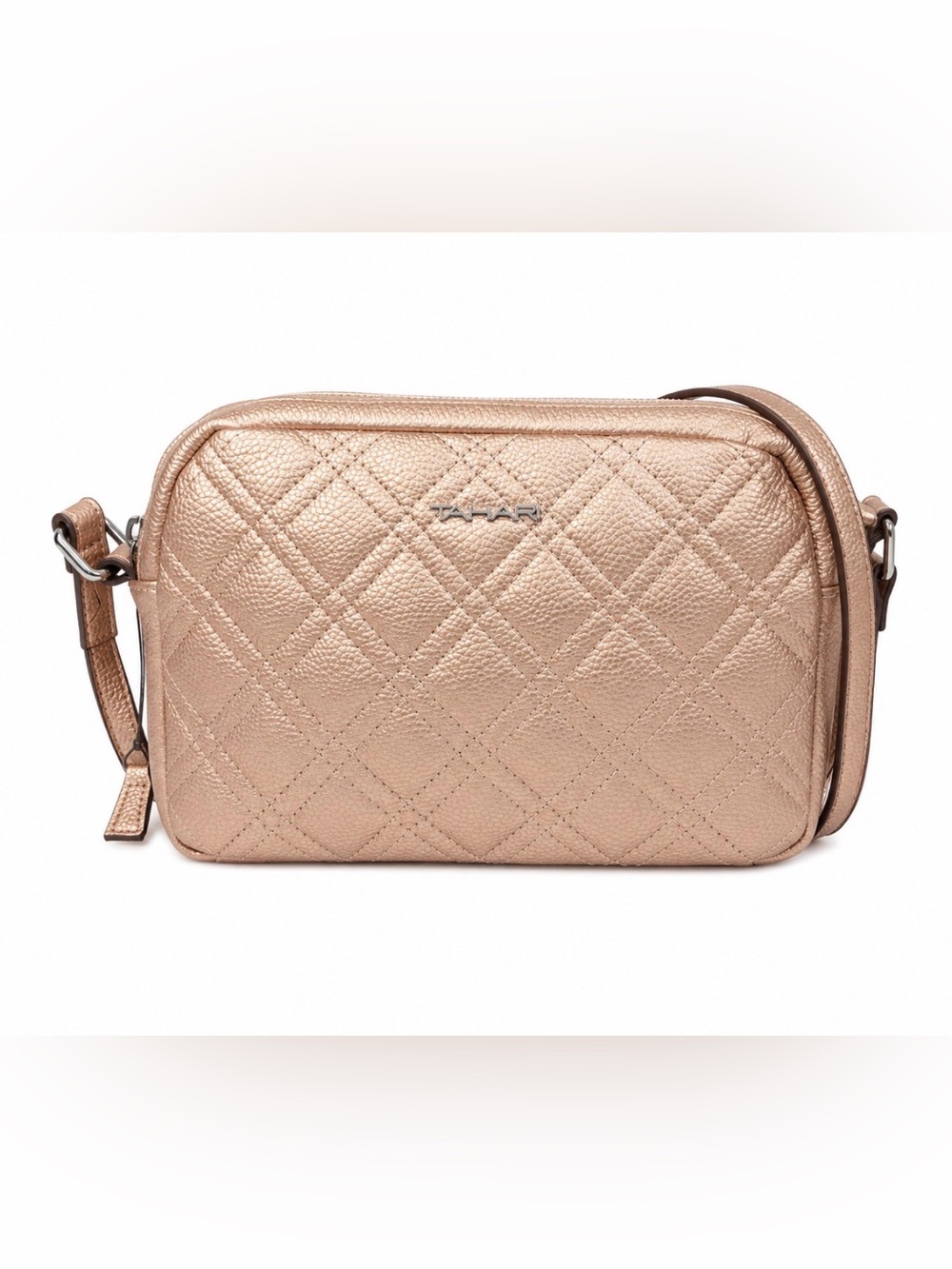 Tahari Quilted Metallic Crossbody in Rose Gold